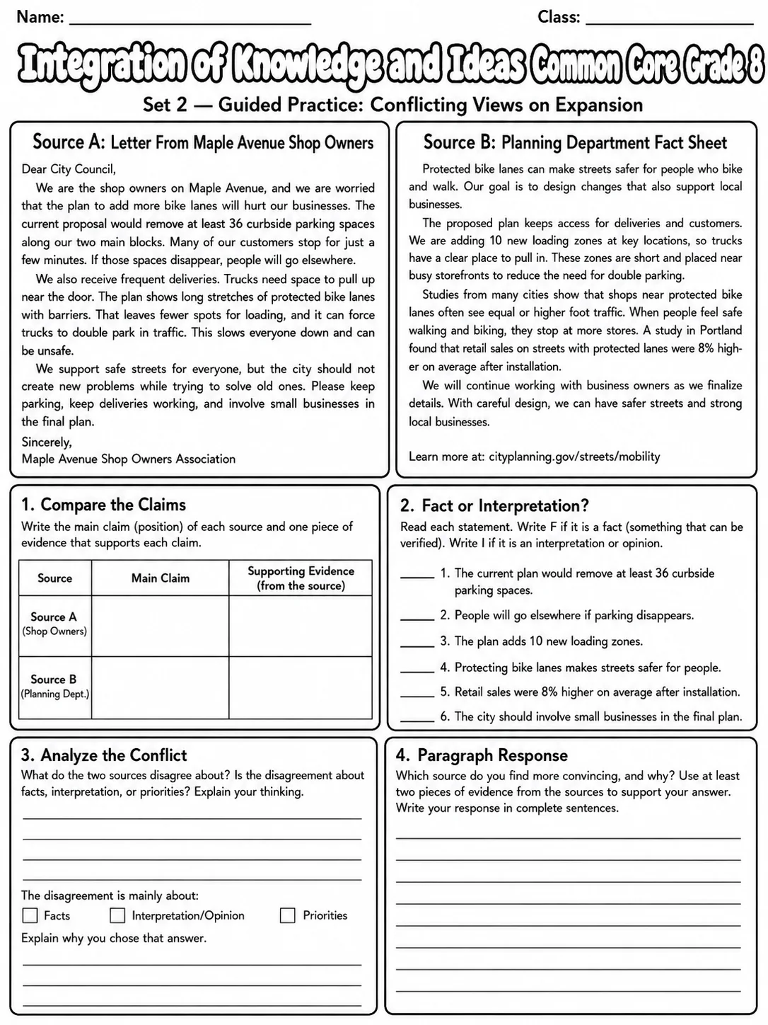 Integration of Knowledge and Ideas Common Core Grade 8 page 6 printable Common Core ELA worksheet preview