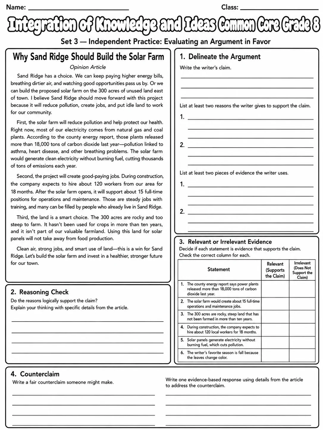 Integration of Knowledge and Ideas Common Core Grade 8 page 8 printable Common Core ELA worksheet preview