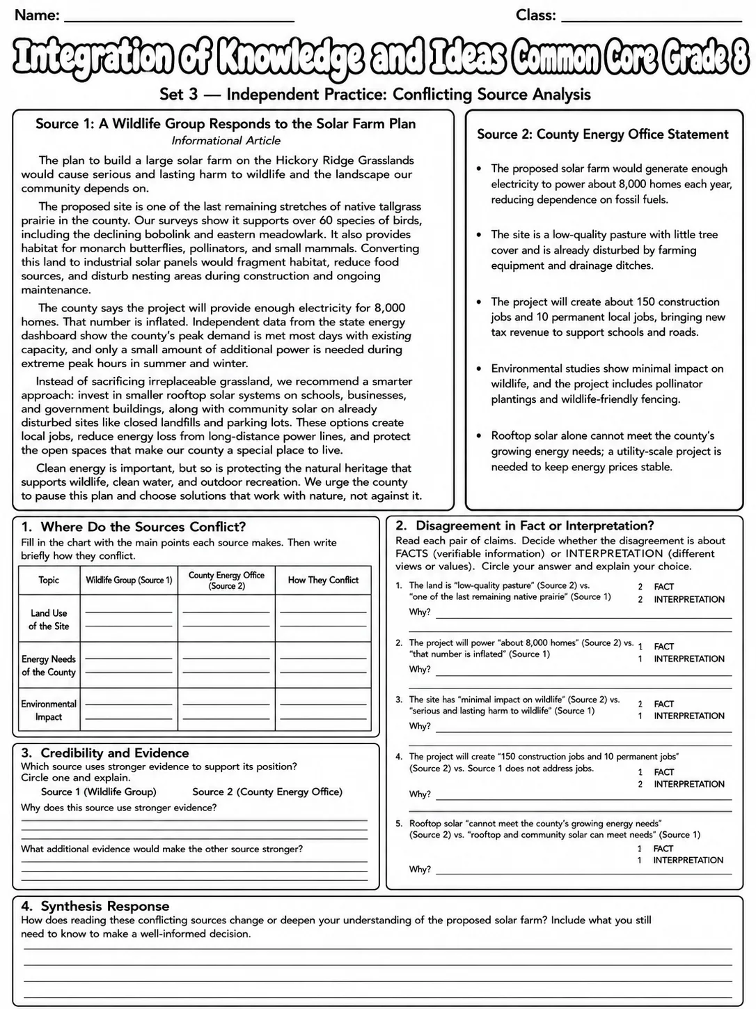 Integration of Knowledge and Ideas Common Core Grade 8 page 9 printable Common Core ELA worksheet preview