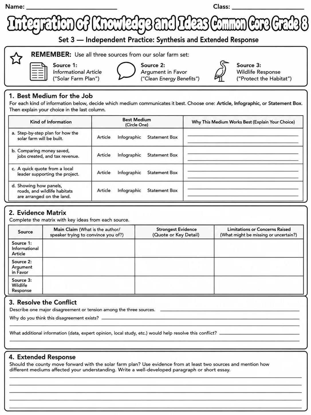 Integration of Knowledge and Ideas Common Core Grade 8 page 10 printable Common Core ELA worksheet preview