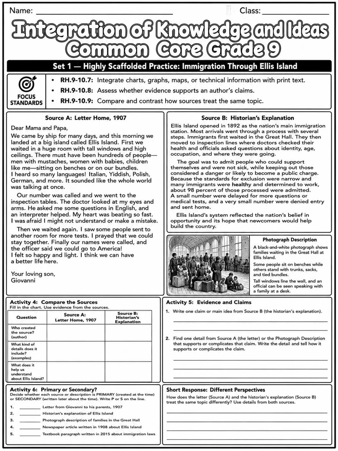 Integration of Knowledge and Ideas Common Core Grade 9 page 2 printable Common Core ELA worksheet preview