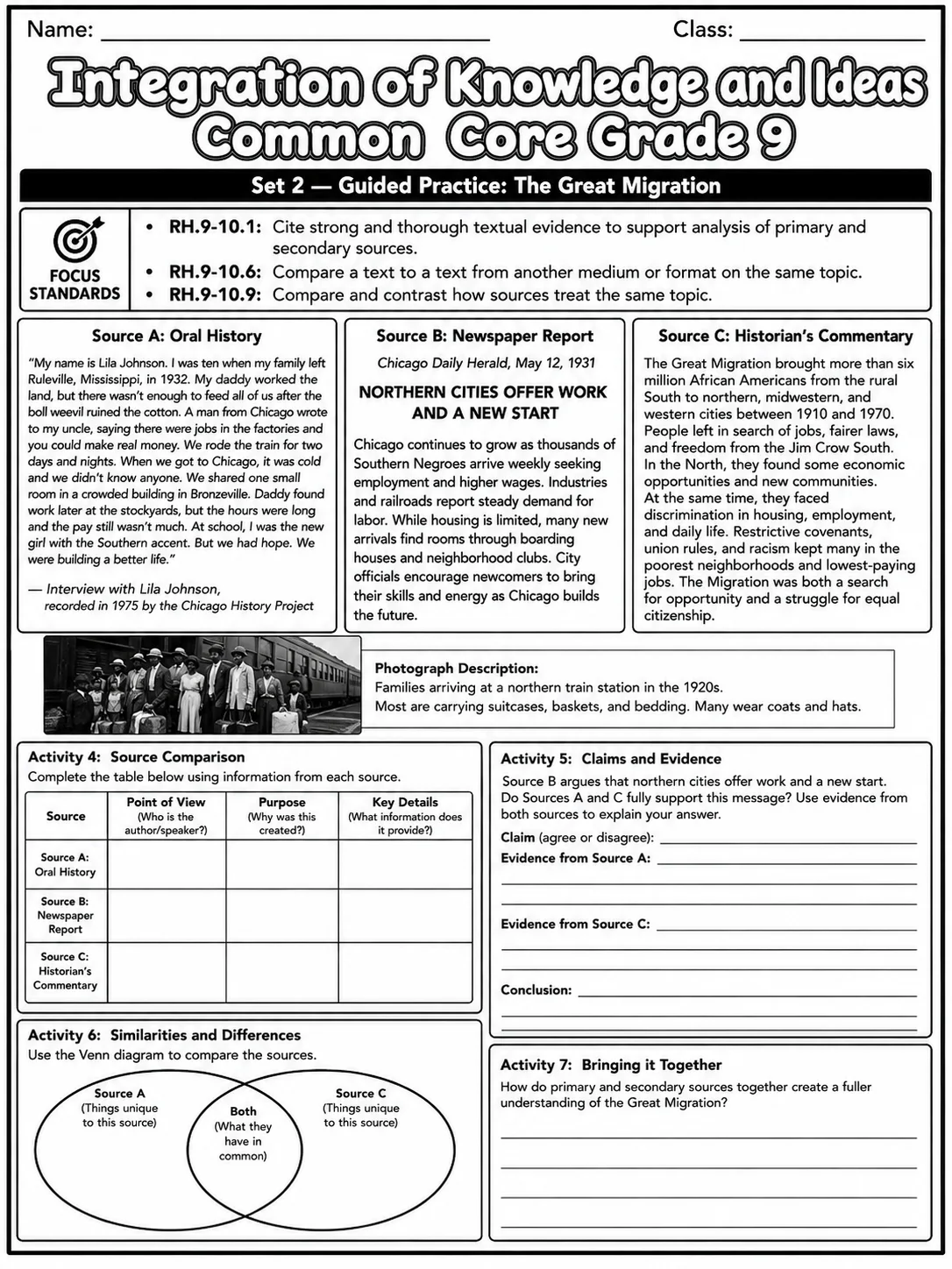 Integration of Knowledge and Ideas Common Core Grade 9 page 5 printable Common Core ELA worksheet preview