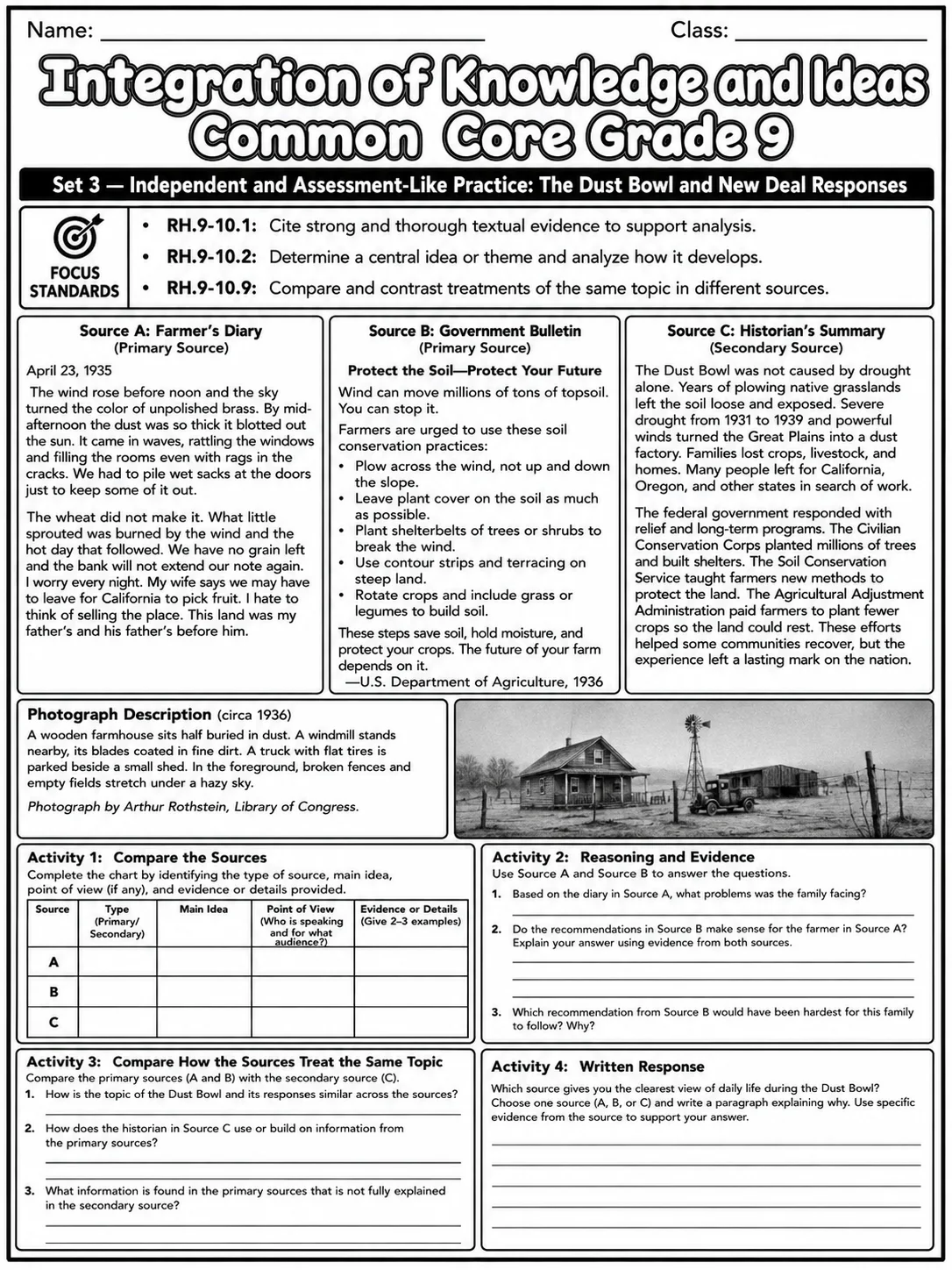 Integration of Knowledge and Ideas Common Core Grade 9 page 8 printable Common Core ELA worksheet preview