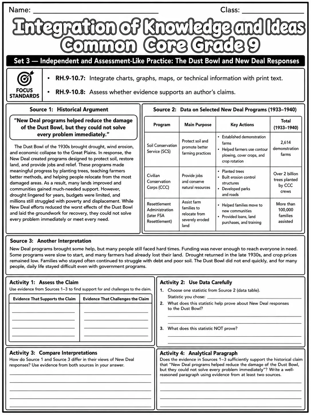 Integration of Knowledge and Ideas Common Core Grade 9 page 9 printable Common Core ELA worksheet preview
