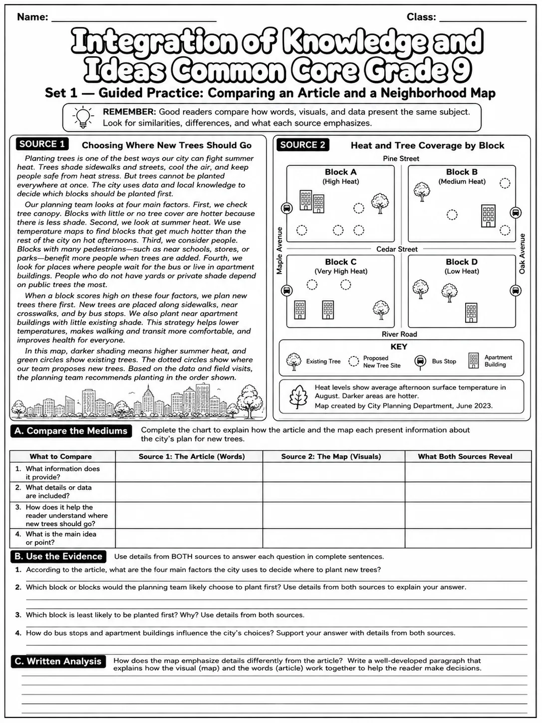 Integration of Knowledge and Ideas Common Core Grade 9 page 2 printable Common Core ELA worksheet preview