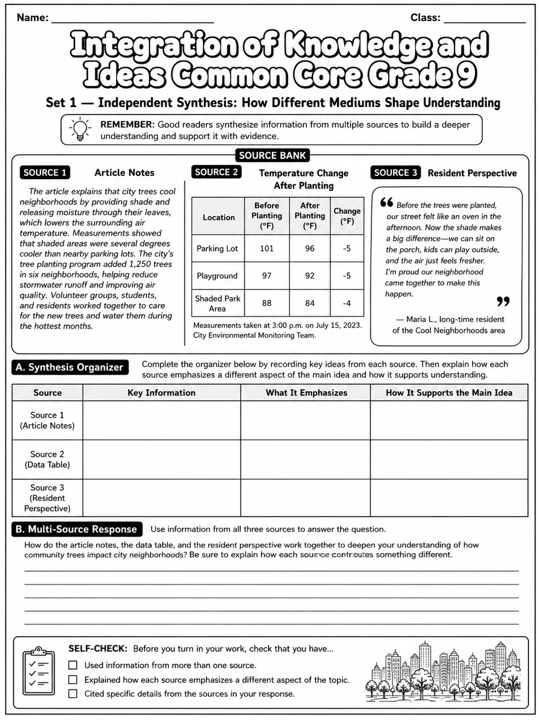 Integration of Knowledge and Ideas Common Core Grade 9 page 3 printable Common Core ELA worksheet preview