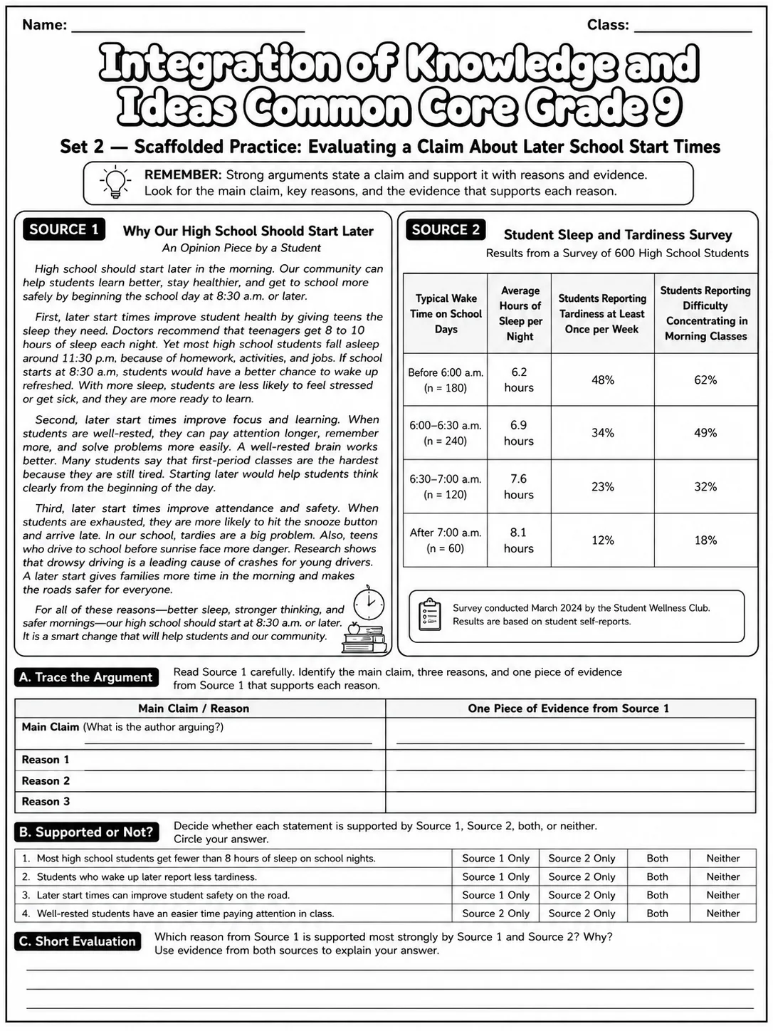 Integration of Knowledge and Ideas Common Core Grade 9 page 4 printable Common Core ELA worksheet preview