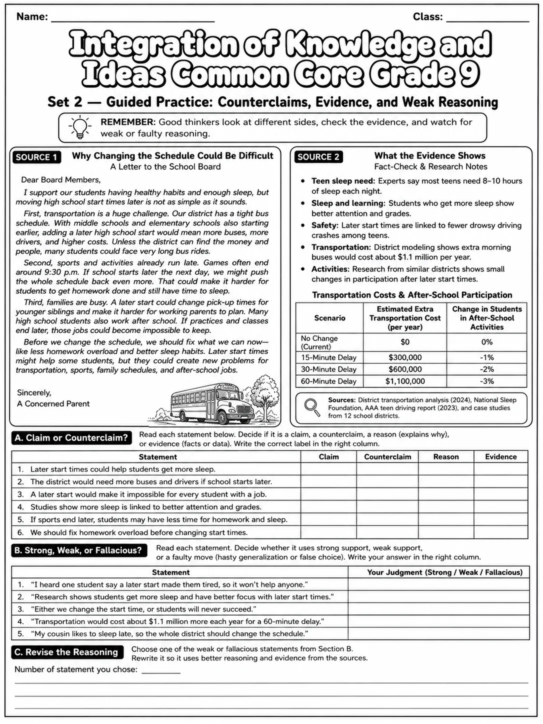 Integration of Knowledge and Ideas Common Core Grade 9 page 5 printable Common Core ELA worksheet preview