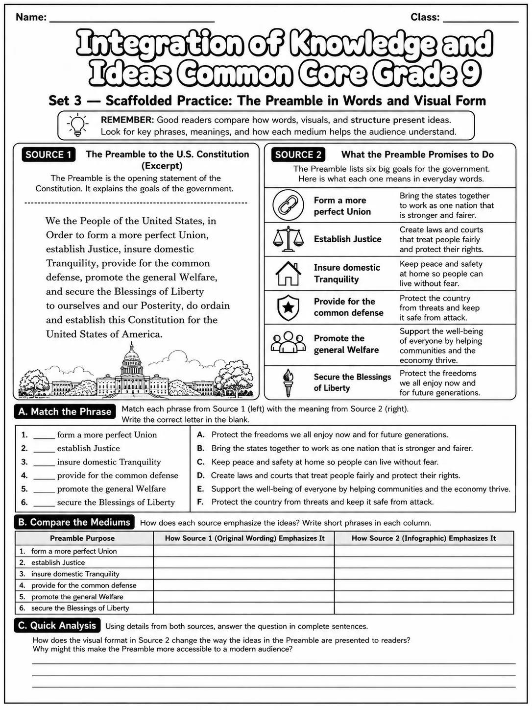 Integration of Knowledge and Ideas Common Core Grade 9 page 7 printable Common Core ELA worksheet preview