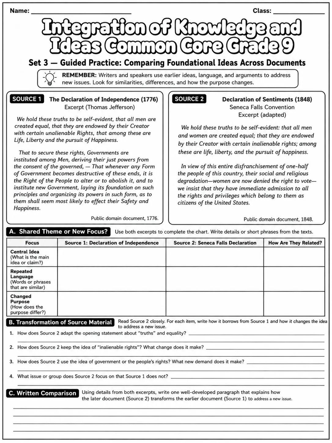 Integration of Knowledge and Ideas Common Core Grade 9 page 8 printable Common Core ELA worksheet preview