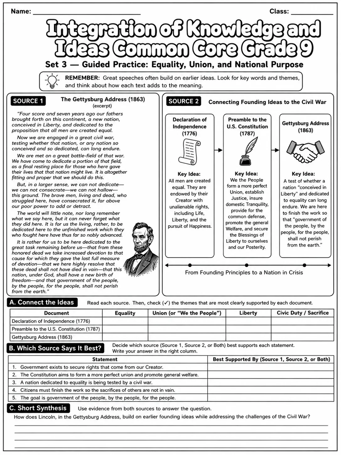 Integration of Knowledge and Ideas Common Core Grade 9 page 9 printable Common Core ELA worksheet preview