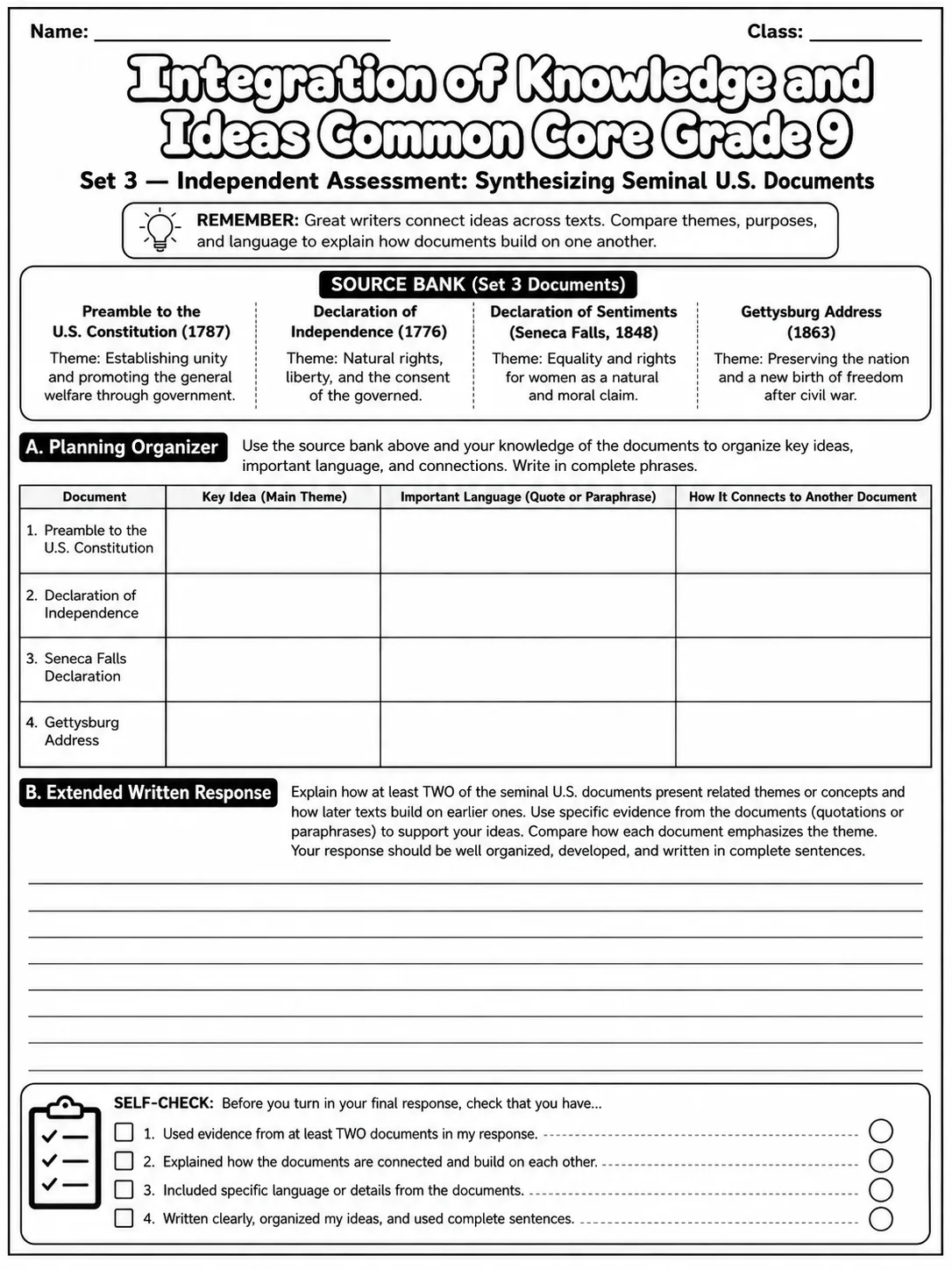 Integration of Knowledge and Ideas Common Core Grade 9 page 10 printable Common Core ELA worksheet preview