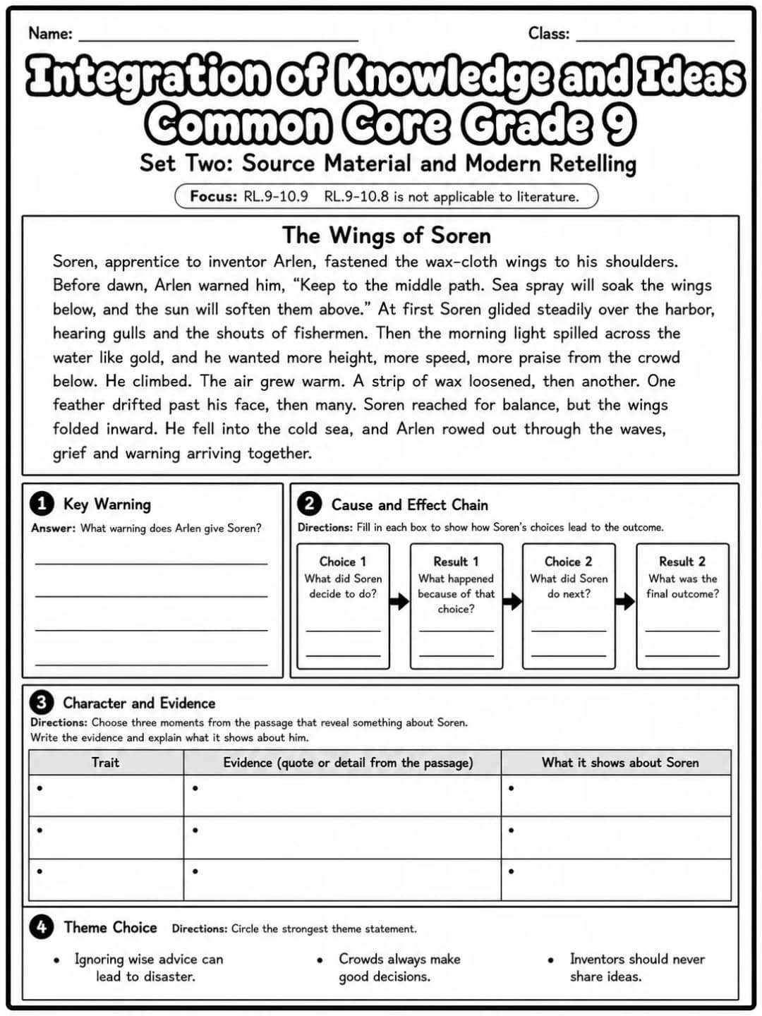 Integration of Knowledge and Ideas Common Core Grade 9 printable Common Core ELA Grade 9 worksheet preview from KiwiBee