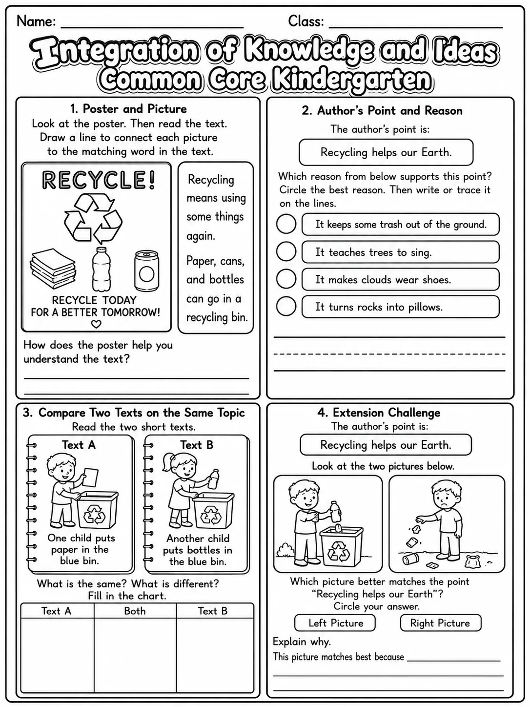 Integration of Knowledge and Ideas Common Core Kindergarten page 10 printable Common Core ELA worksheet preview