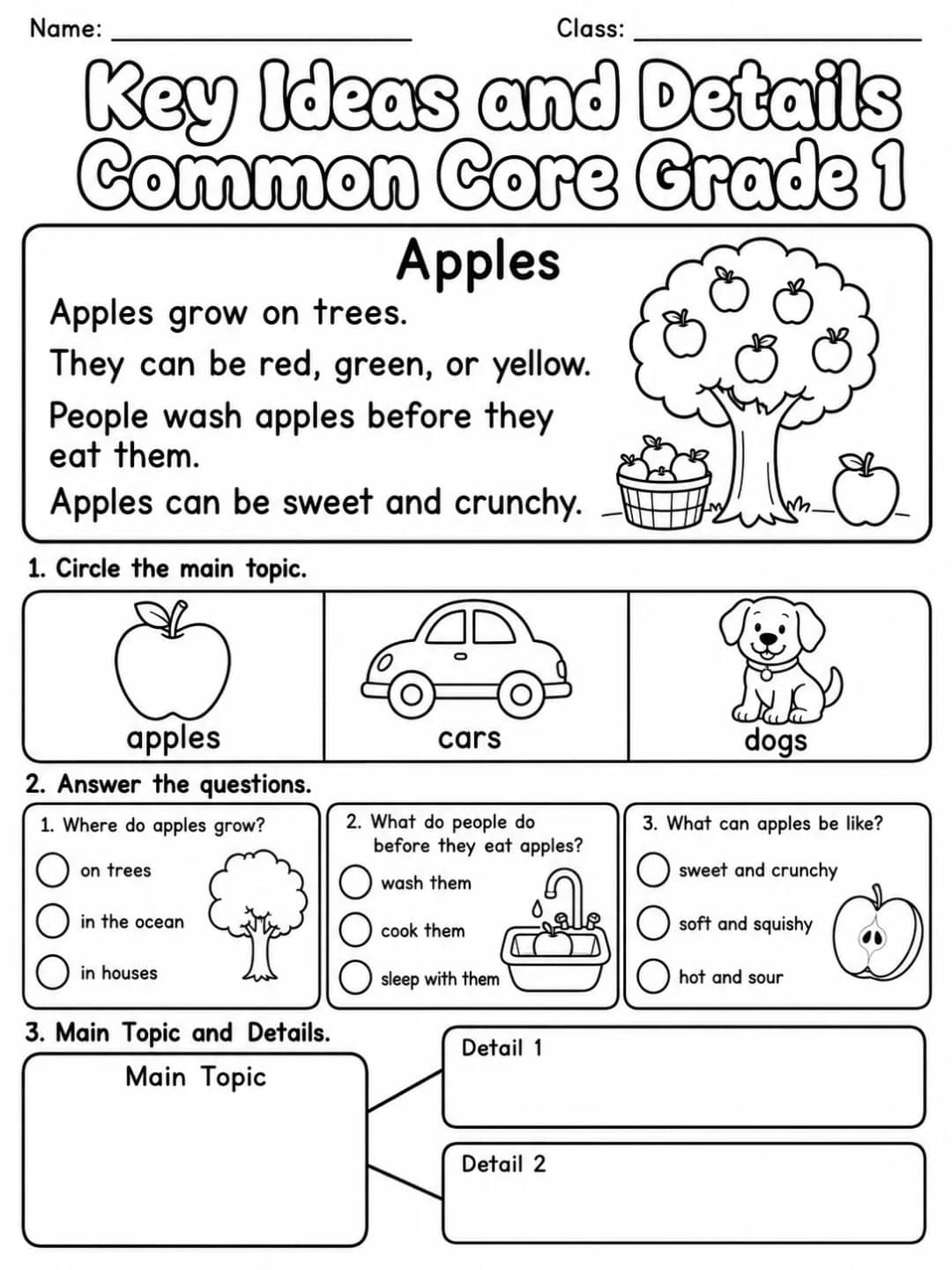 Key Ideas and Details Common Core Grade 1 printable Common Core ELA Grade 1 worksheet preview from KiwiBee