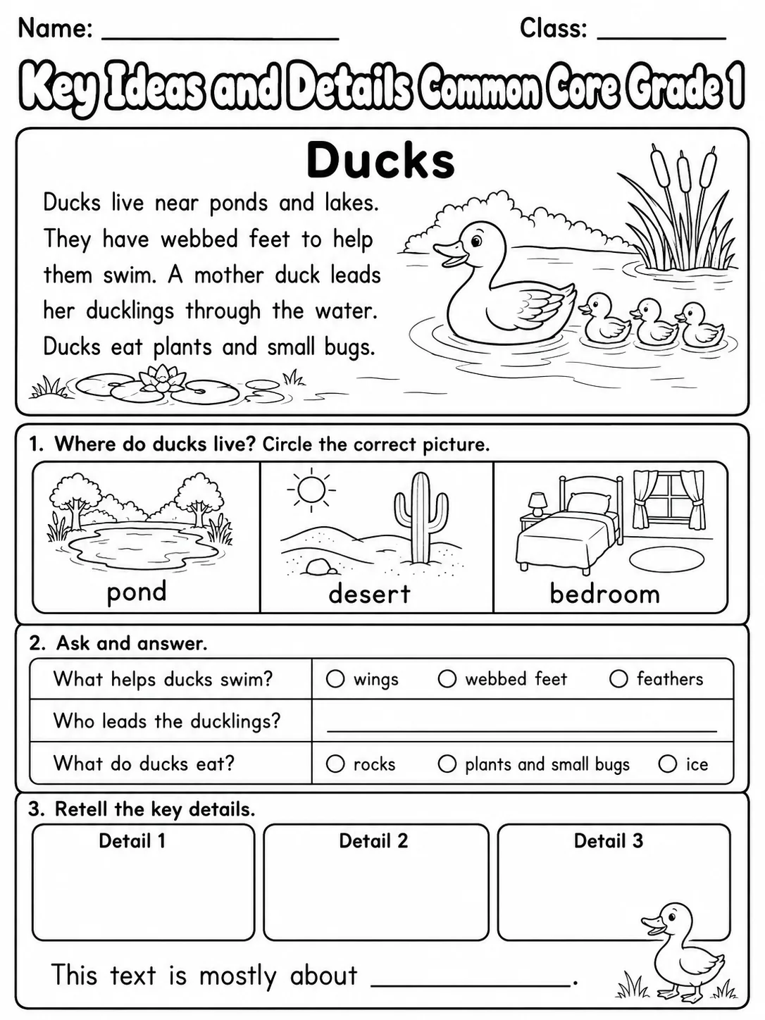 Key Ideas and Details Common Core Grade 1 page 2 printable Common Core ELA worksheet preview