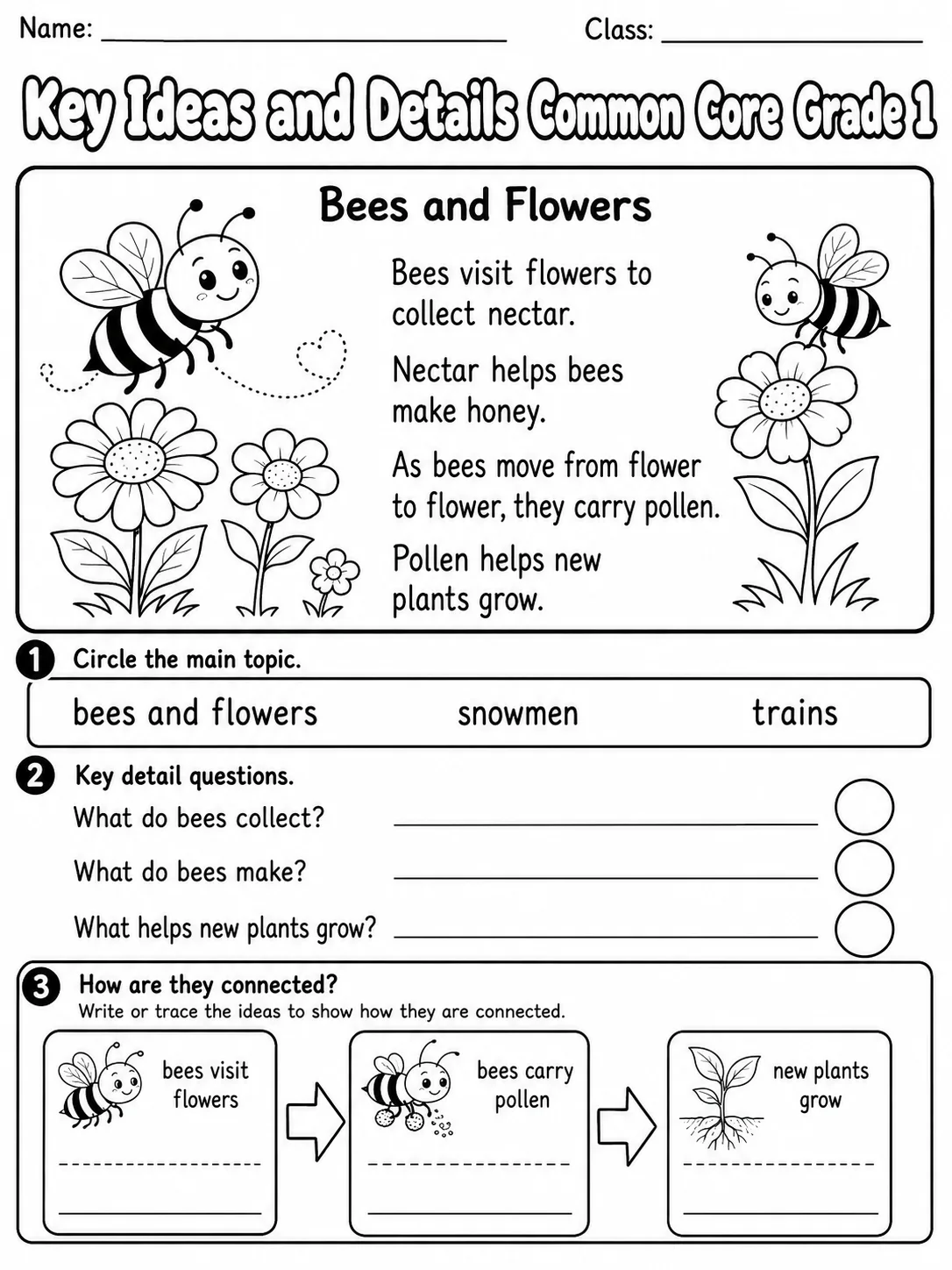 Key Ideas and Details Common Core Grade 1 page 3 printable Common Core ELA worksheet preview
