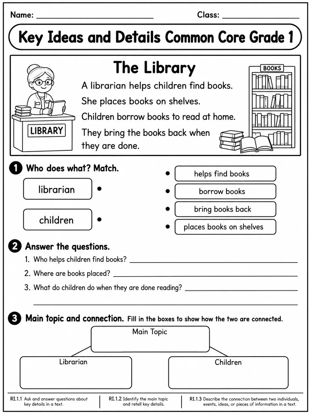 Key Ideas and Details Common Core Grade 1 page 4 printable Common Core ELA worksheet preview