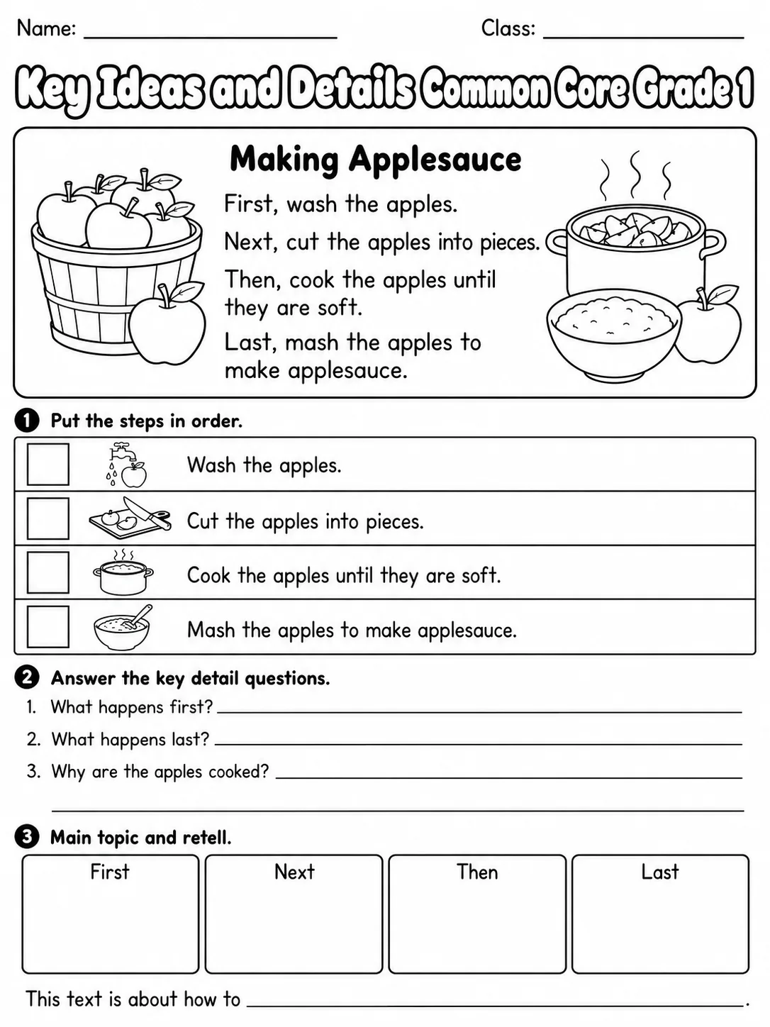 Key Ideas and Details Common Core Grade 1 page 5 printable Common Core ELA worksheet preview
