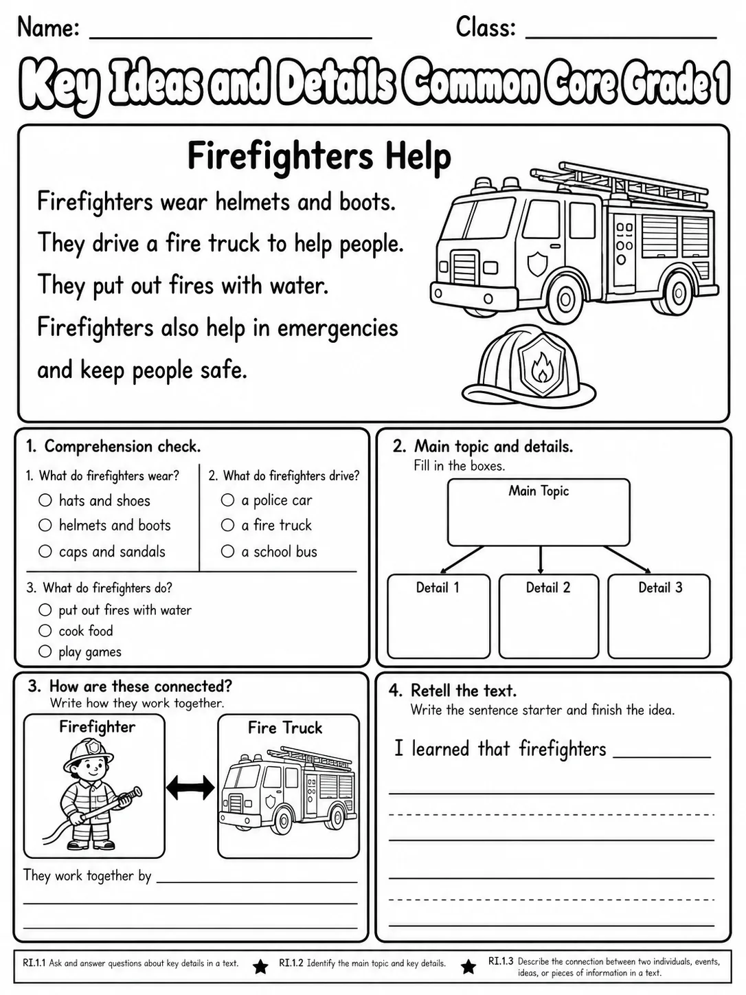 Key Ideas and Details Common Core Grade 1 page 7 printable Common Core ELA worksheet preview