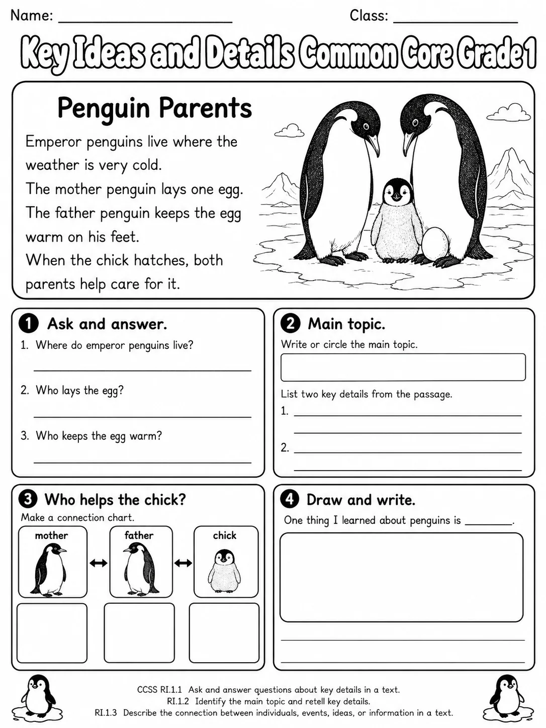 Key Ideas and Details Common Core Grade 1 page 8 printable Common Core ELA worksheet preview