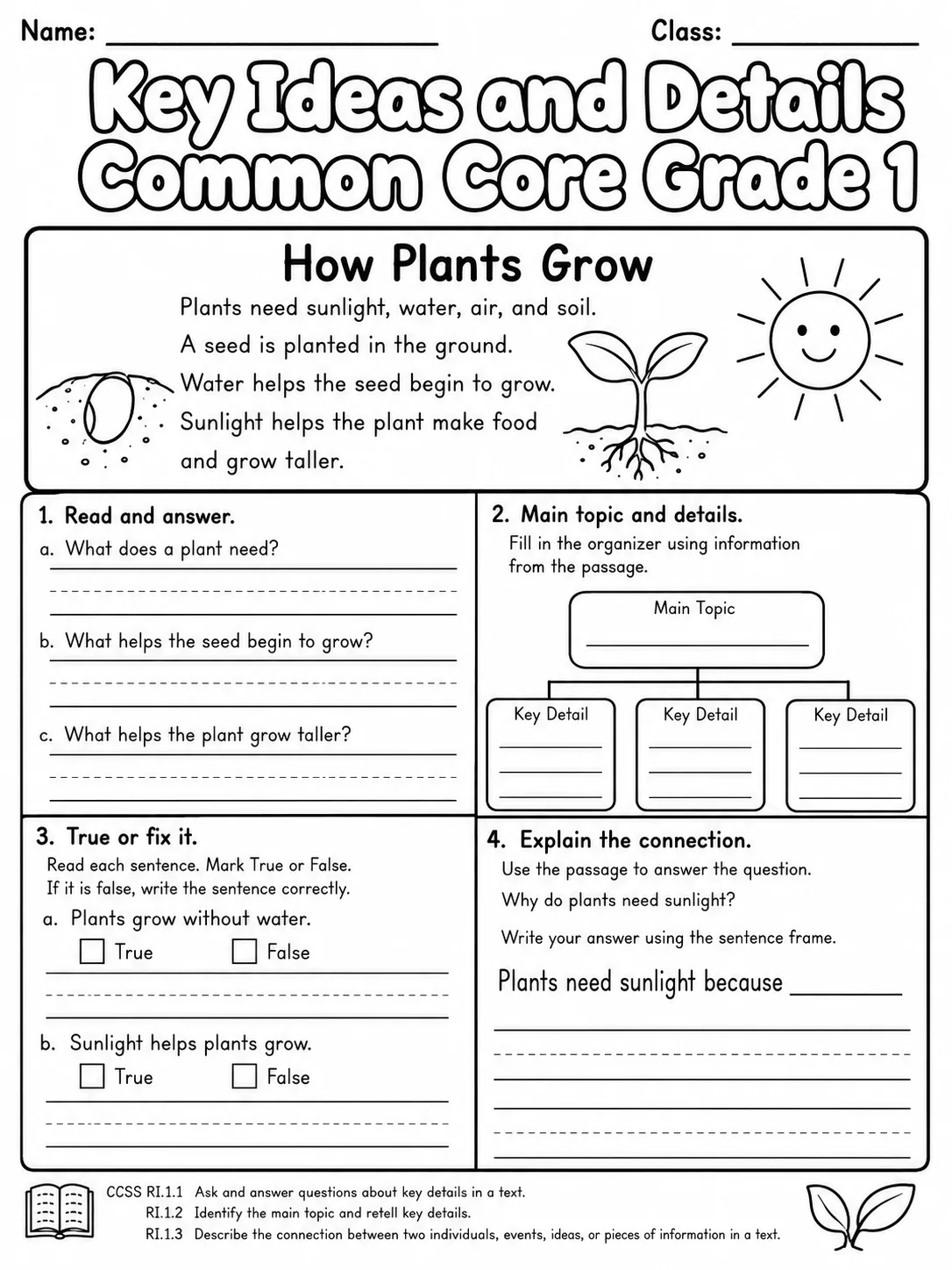 Key Ideas and Details Common Core Grade 1 page 9 printable Common Core ELA worksheet preview