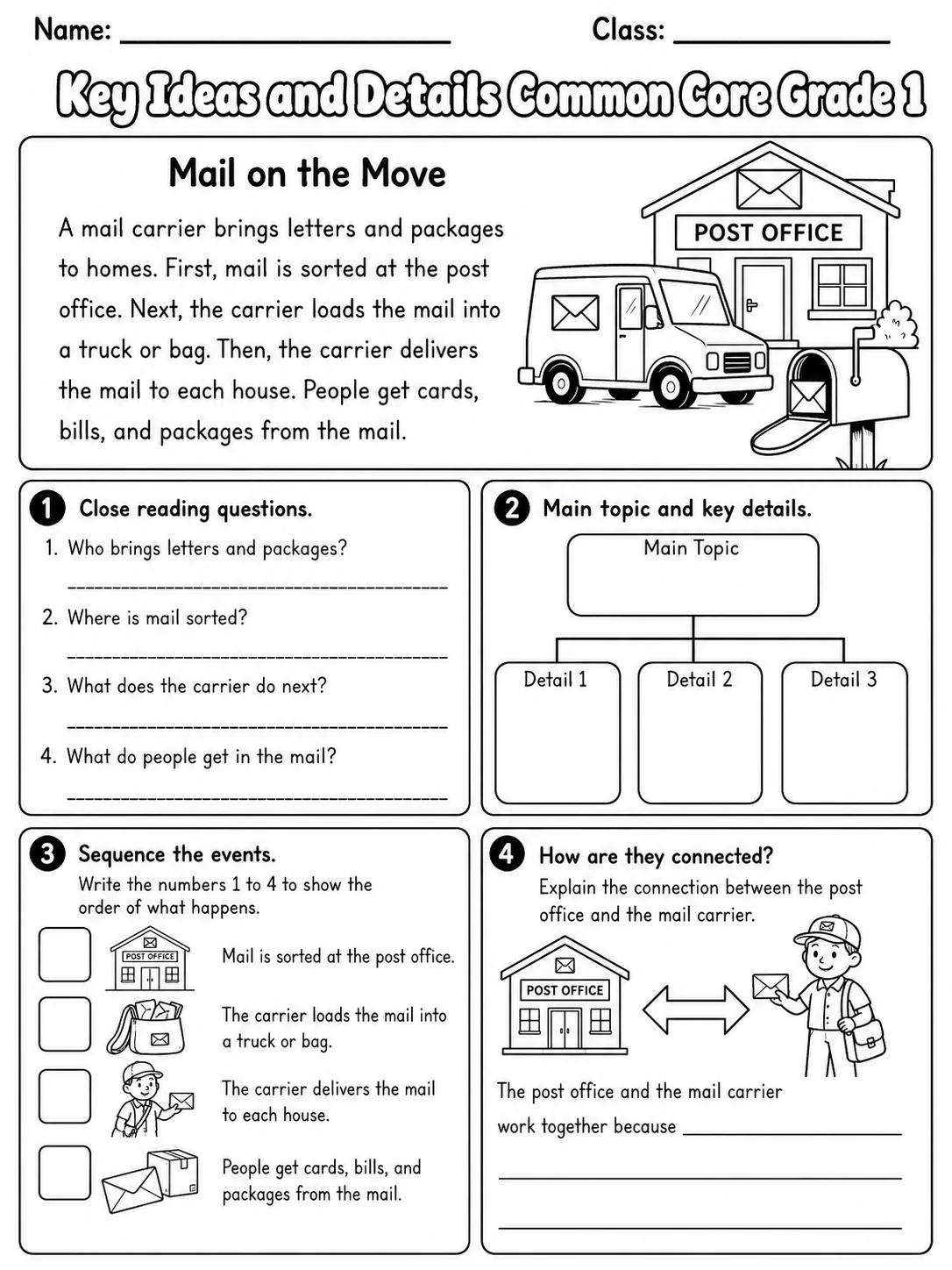 Key Ideas and Details Common Core Grade 1 page 10 printable Common Core ELA worksheet preview
