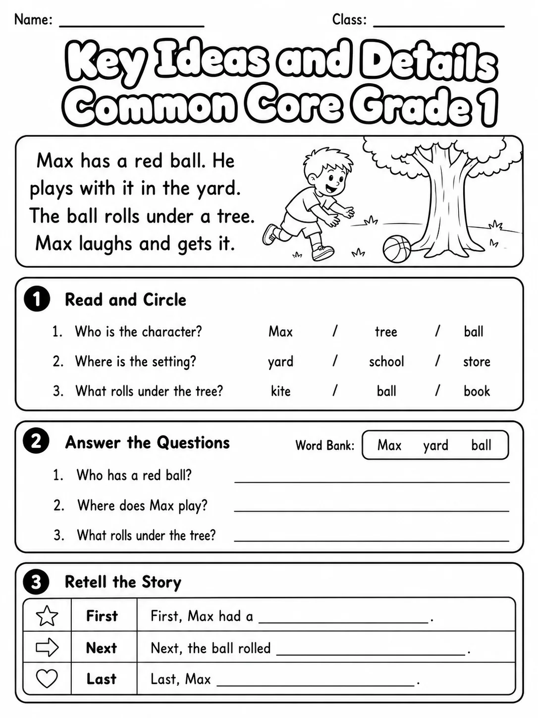 Key Ideas and Details Common Core Grade 1 printable Common Core ELA Grade 1 worksheet preview from KiwiBee