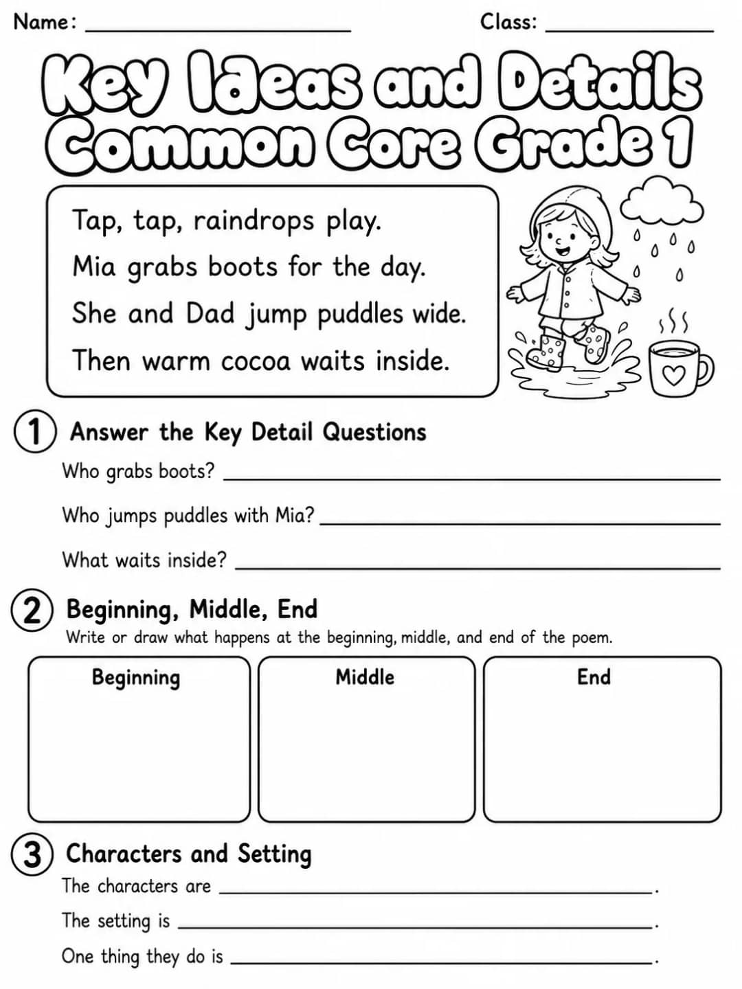Key Ideas and Details Common Core Grade 1 printable Common Core ELA Grade 1 worksheet preview from KiwiBee