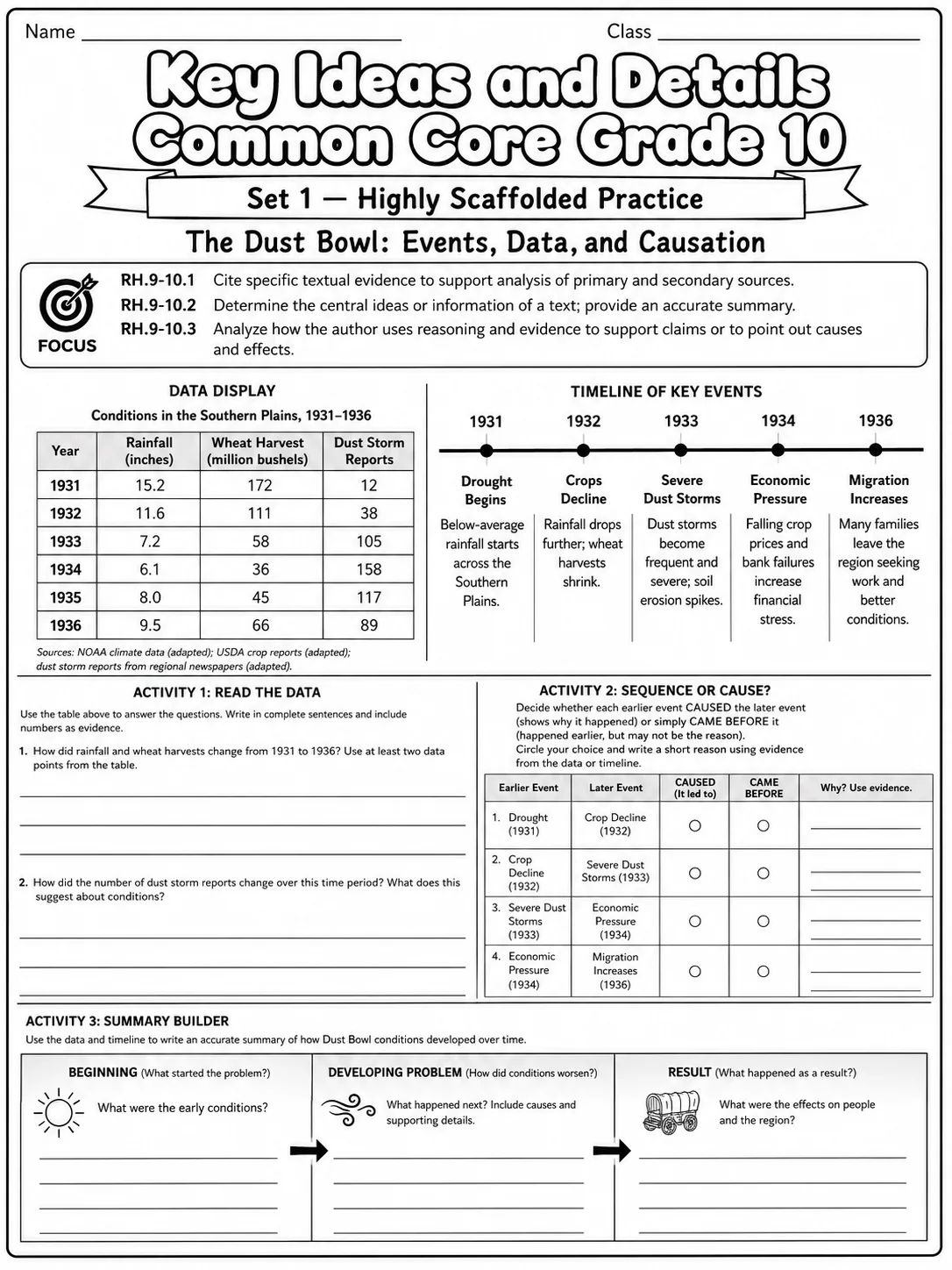 Key Ideas and Details Common Core Grade 10 page 2 printable Common Core ELA worksheet preview