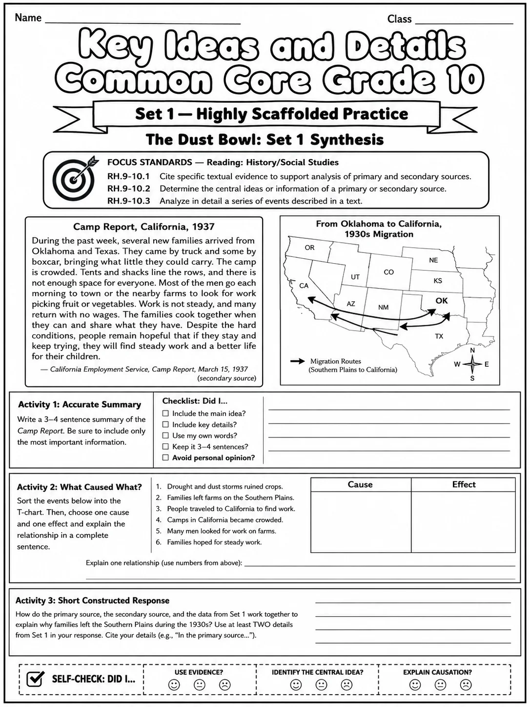 Key Ideas and Details Common Core Grade 10 page 3 printable Common Core ELA worksheet preview