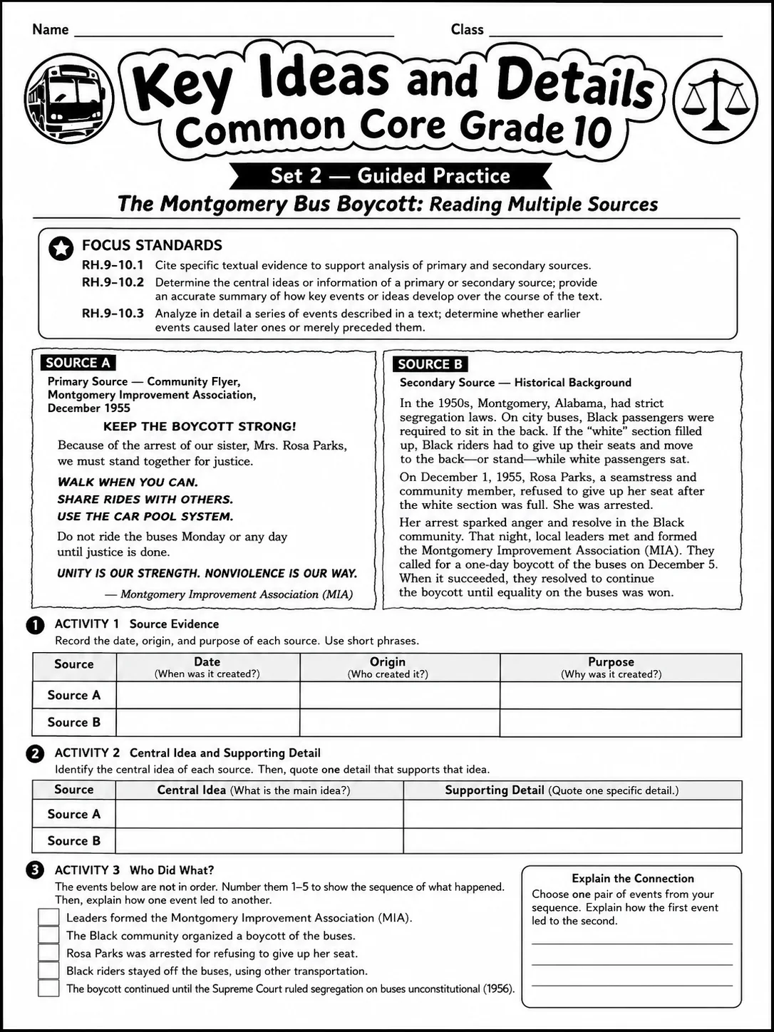 Key Ideas and Details Common Core Grade 10 page 4 printable Common Core ELA worksheet preview