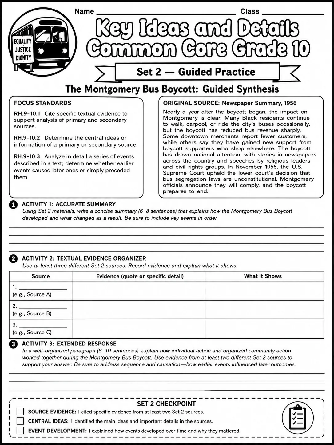 Key Ideas and Details Common Core Grade 10 page 6 printable Common Core ELA worksheet preview