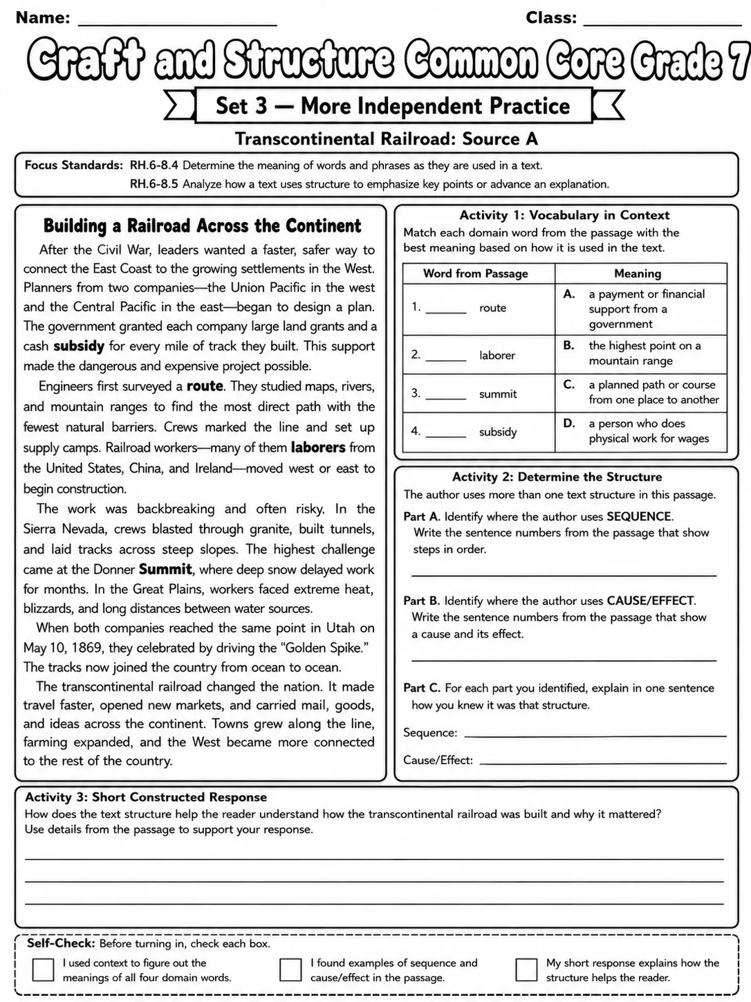 Key Ideas and Details Common Core Grade 10 page 7 printable Common Core ELA worksheet preview