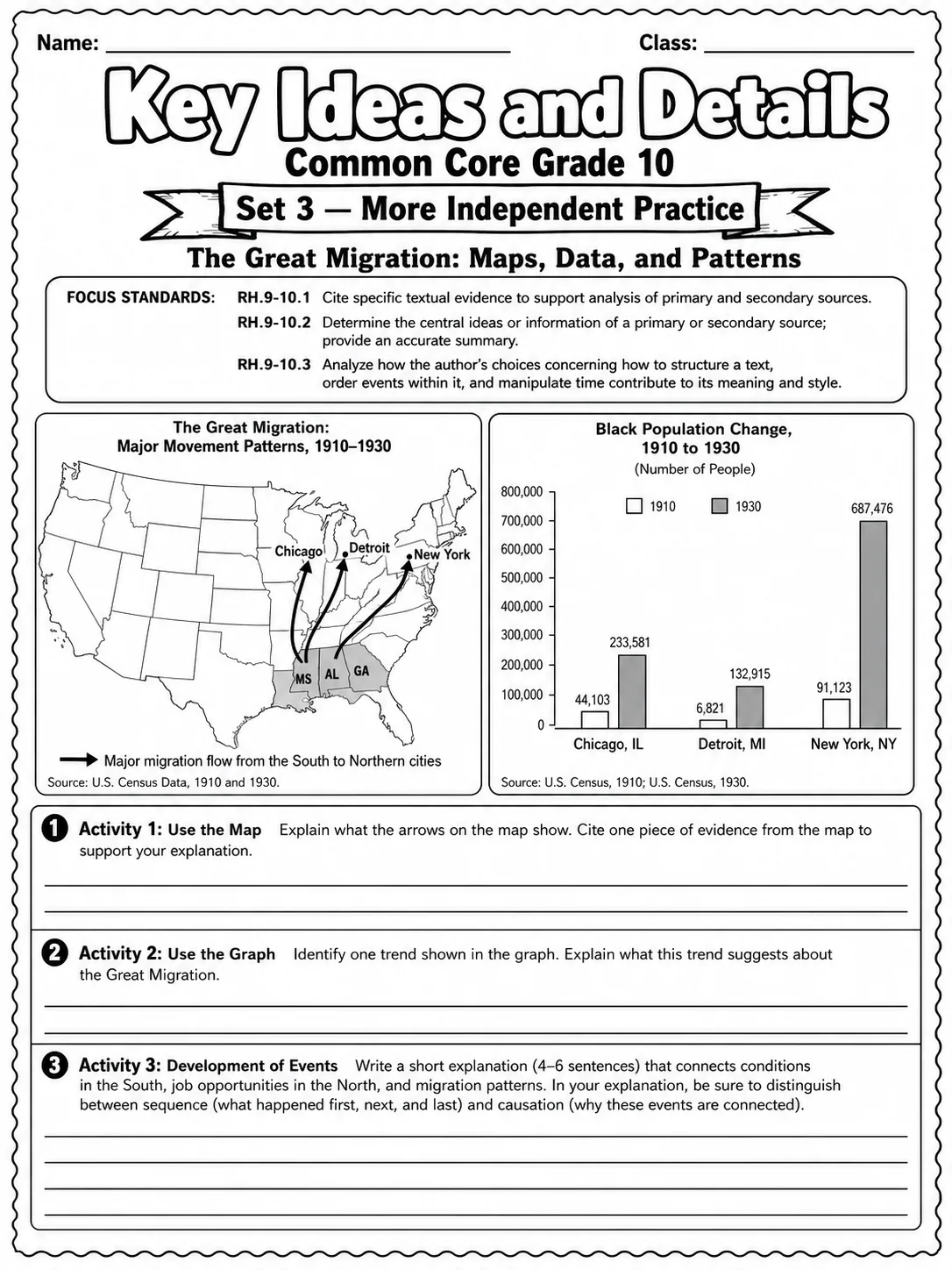 Key Ideas and Details Common Core Grade 10 page 8 printable Common Core ELA worksheet preview