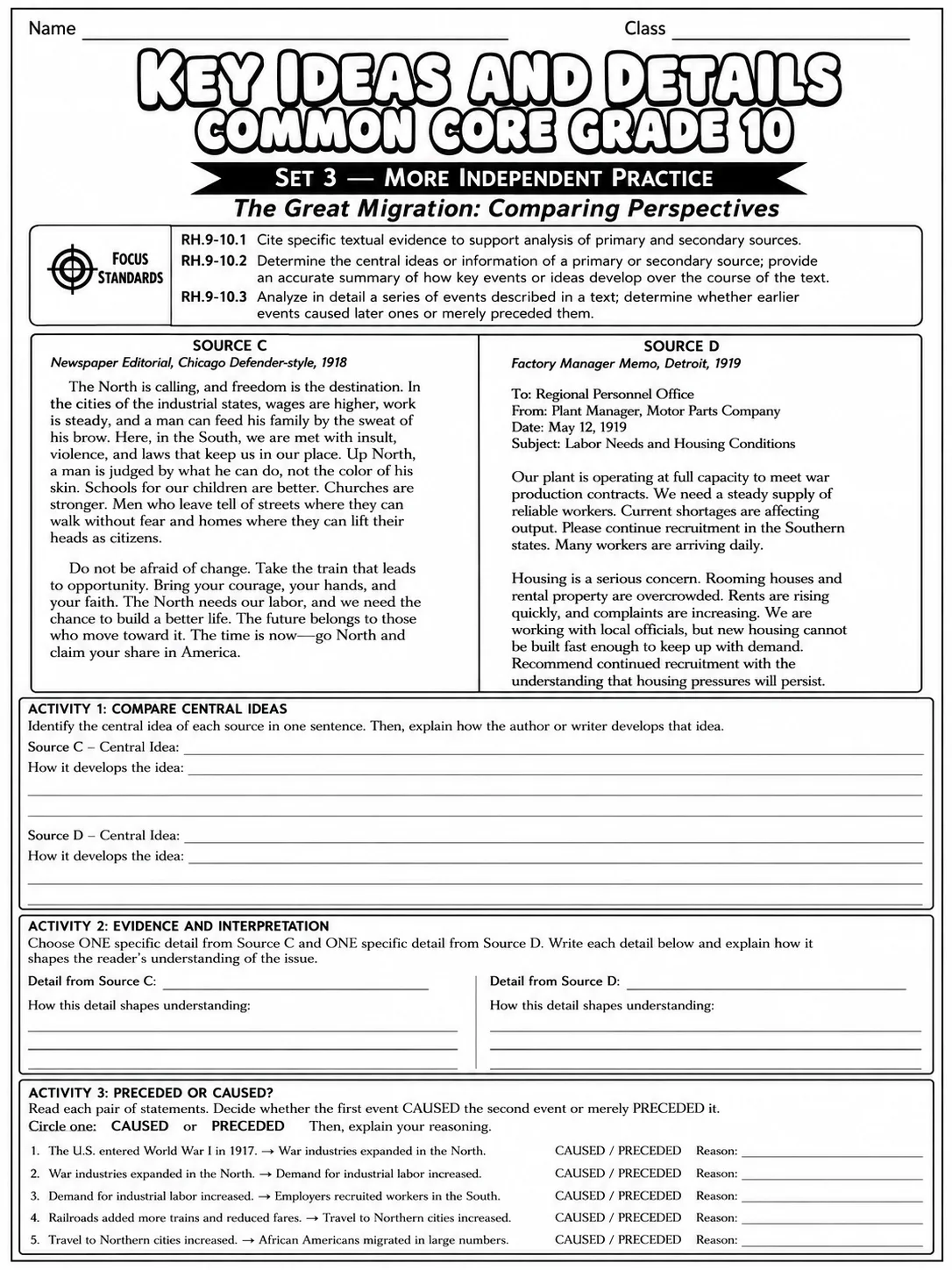 Key Ideas and Details Common Core Grade 10 page 9 printable Common Core ELA worksheet preview