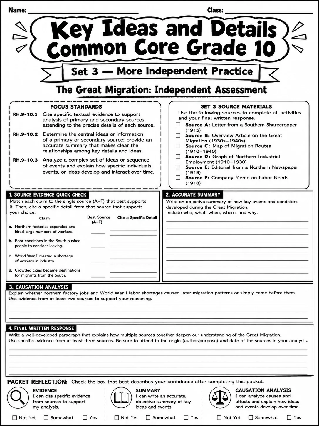 Key Ideas and Details Common Core Grade 10 page 10 printable Common Core ELA worksheet preview