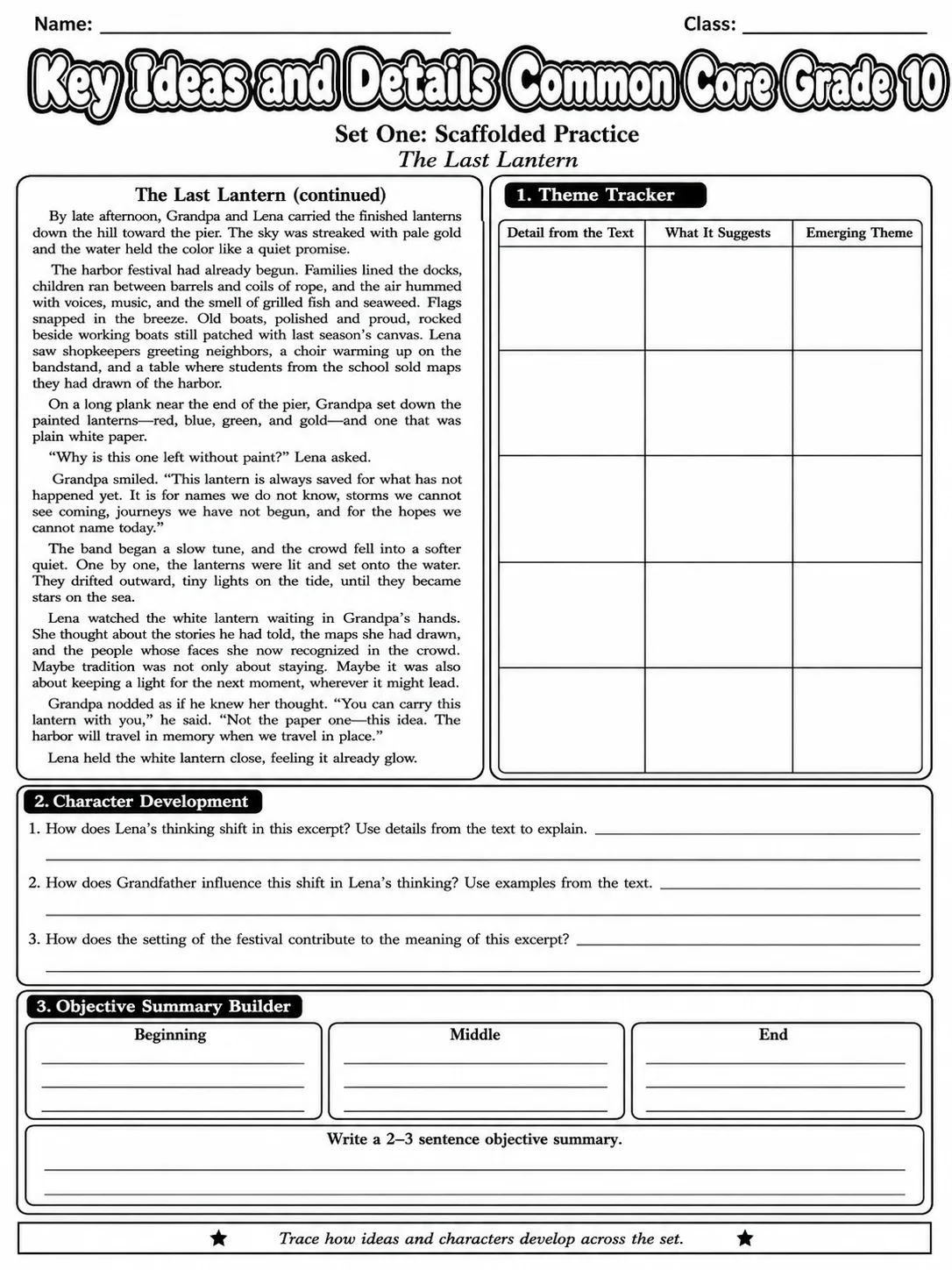 Key Ideas and Details Common Core Grade 10 page 2 printable Common Core ELA worksheet preview