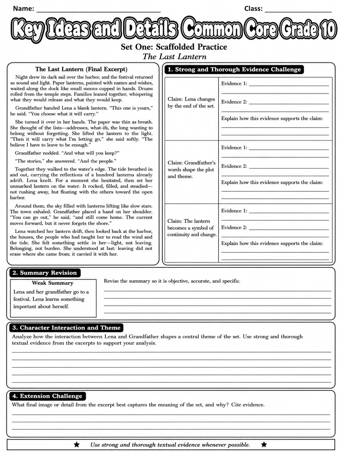 Key Ideas and Details Common Core Grade 10 page 3 printable Common Core ELA worksheet preview