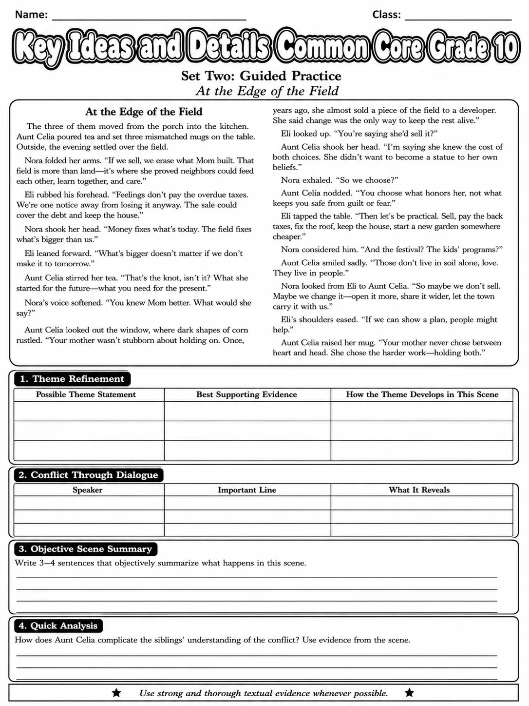 Key Ideas and Details Common Core Grade 10 page 5 printable Common Core ELA worksheet preview