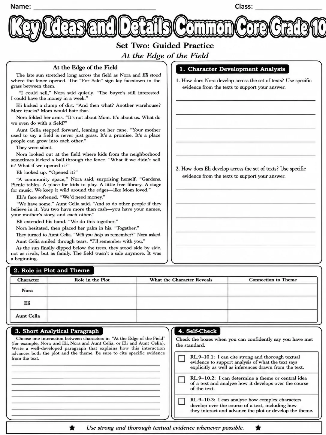 Key Ideas and Details Common Core Grade 10 page 6 printable Common Core ELA worksheet preview