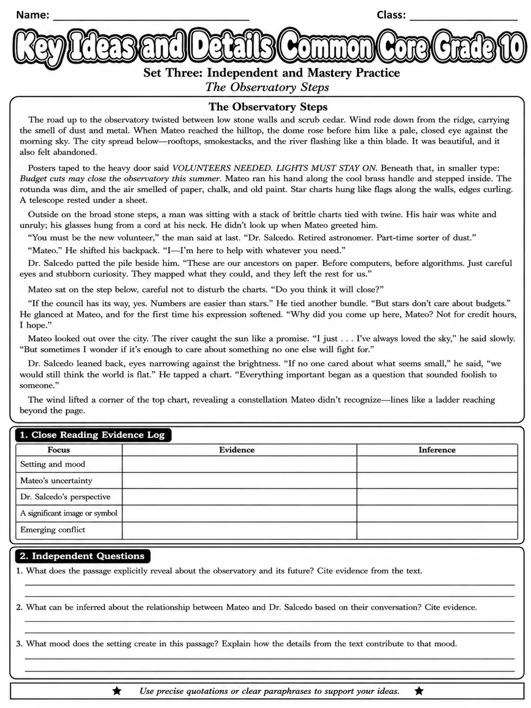 Key Ideas and Details Common Core Grade 10 page 7 printable Common Core ELA worksheet preview
