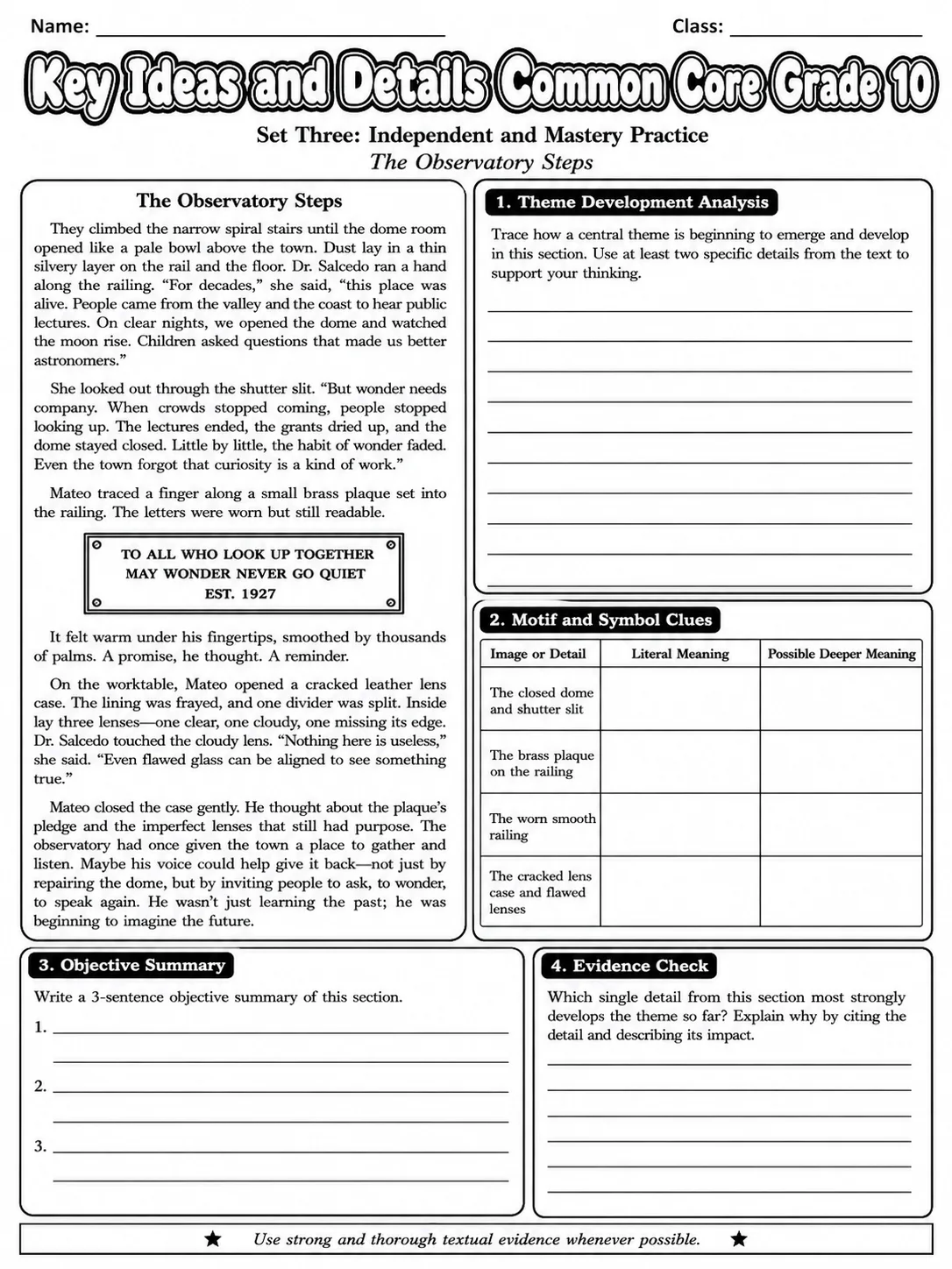 Key Ideas and Details Common Core Grade 10 page 8 printable Common Core ELA worksheet preview