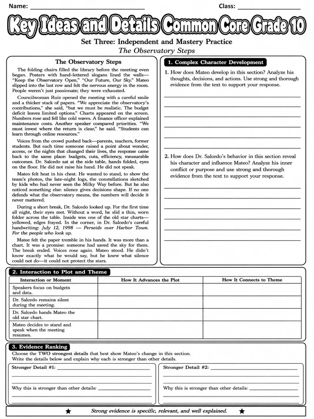 Key Ideas and Details Common Core Grade 10 page 9 printable Common Core ELA worksheet preview
