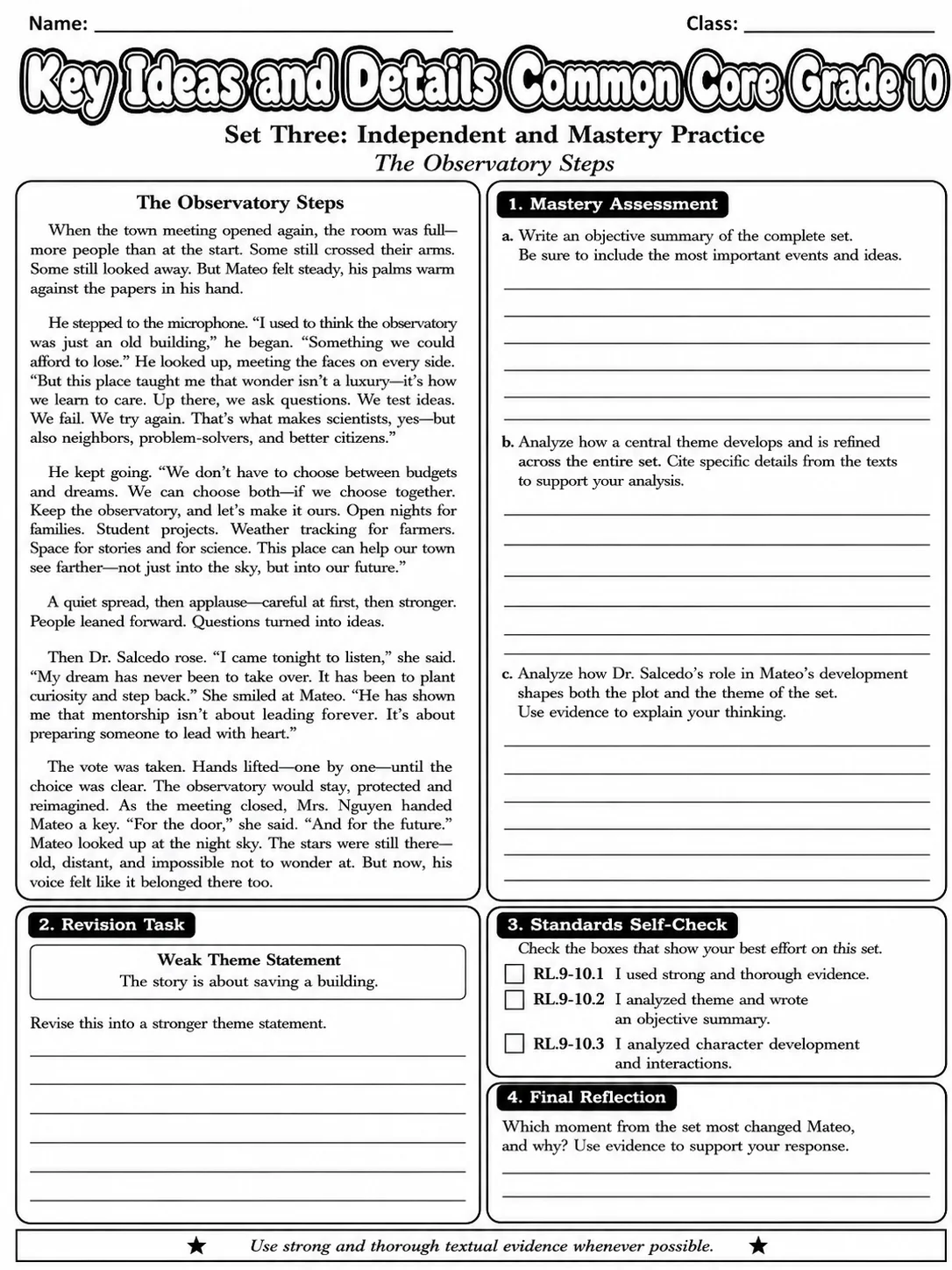 Key Ideas and Details Common Core Grade 10 page 10 printable Common Core ELA worksheet preview