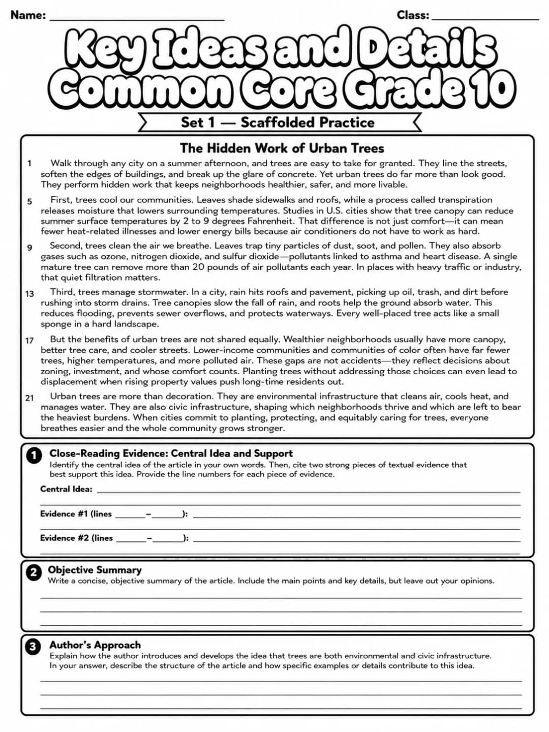 Key Ideas and Details Common Core Grade 10 printable Common Core ELA Grade 10 worksheet preview from KiwiBee