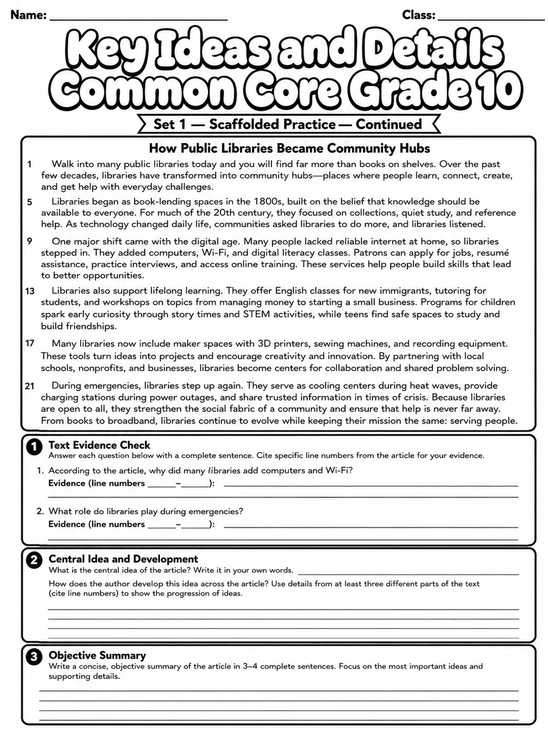 Key Ideas and Details Common Core Grade 10 page 2 printable Common Core ELA worksheet preview