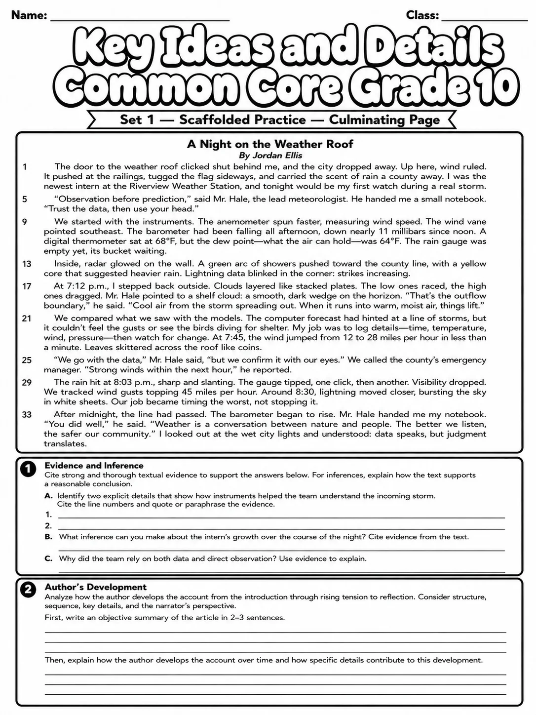 Key Ideas and Details Common Core Grade 10 page 3 printable Common Core ELA worksheet preview