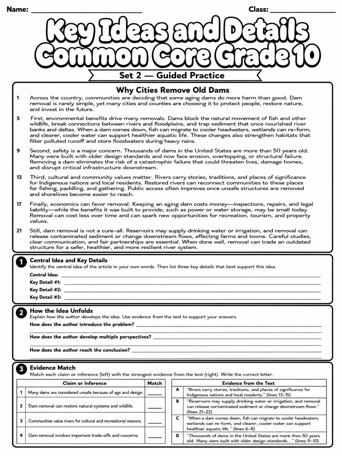 Key Ideas and Details Common Core Grade 10 page 4 printable Common Core ELA worksheet preview