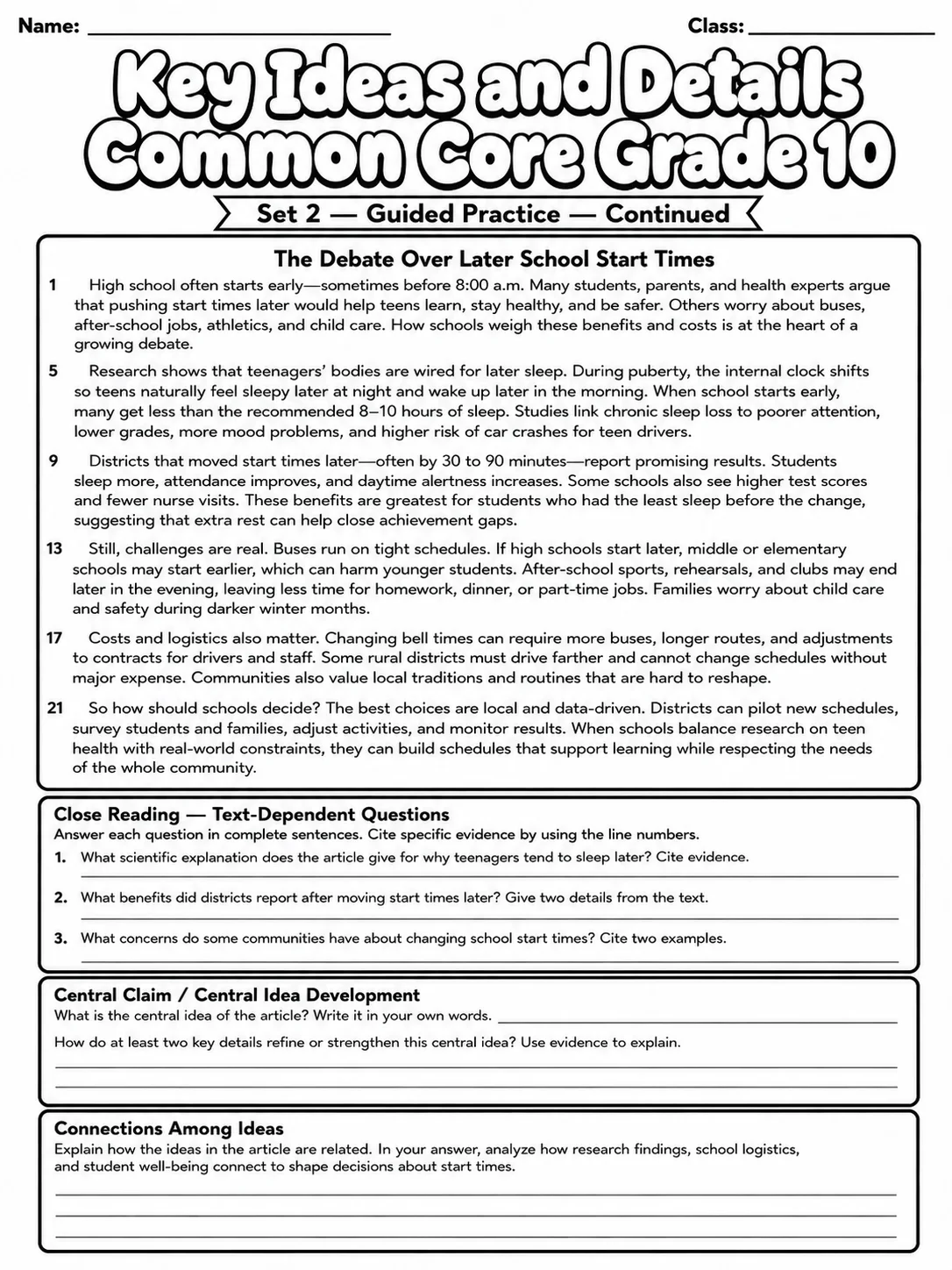 Key Ideas and Details Common Core Grade 10 page 5 printable Common Core ELA worksheet preview